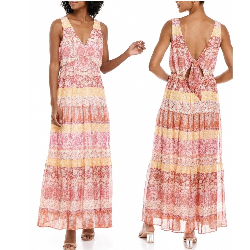 Maison Tara Floral Paisley Tiered Maxi Dress 10 Ivory Pink Boho Wedding Beach